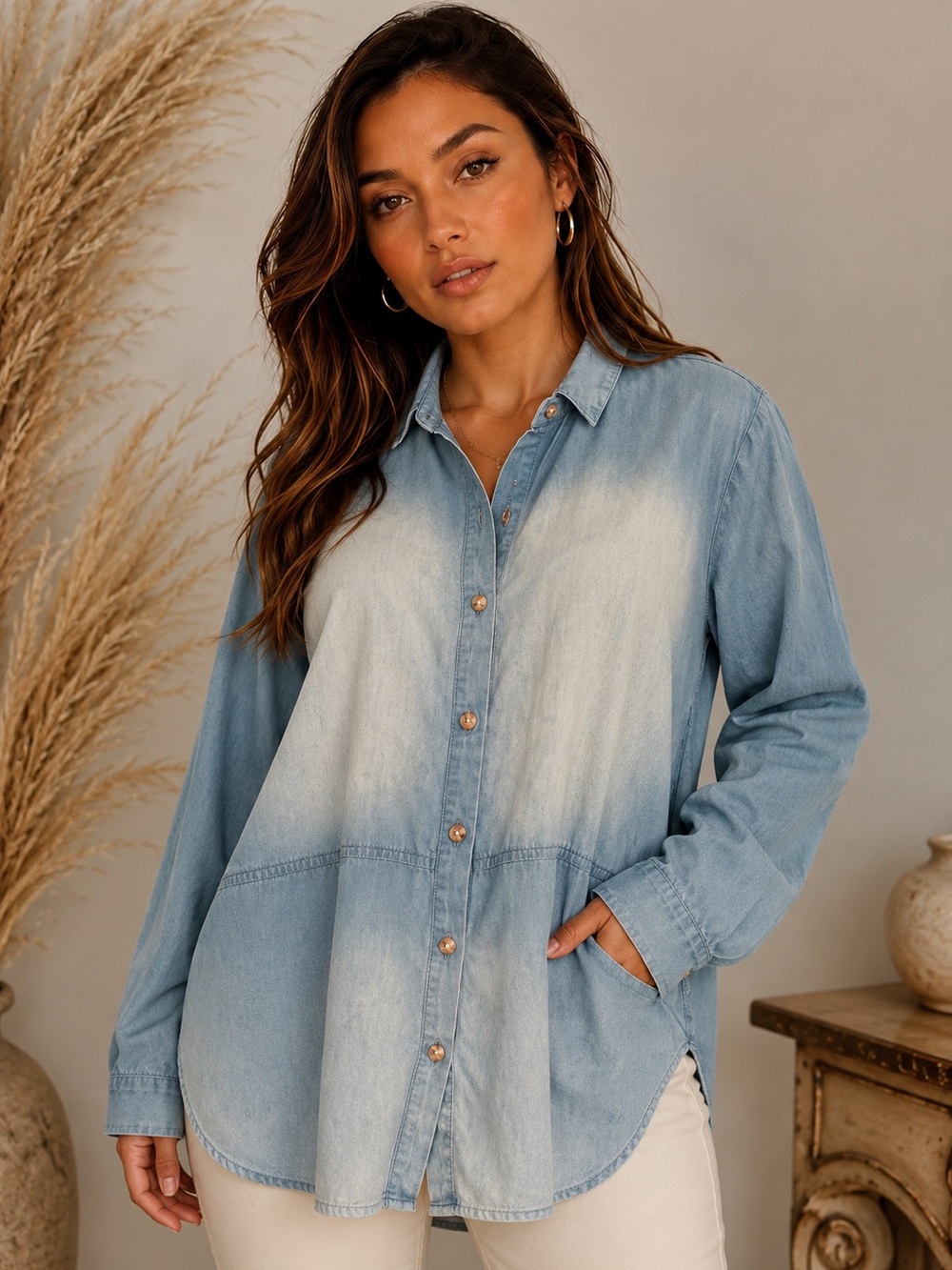 J.Jill Denim Blue Denim Blouse Size M - 100% Cotton